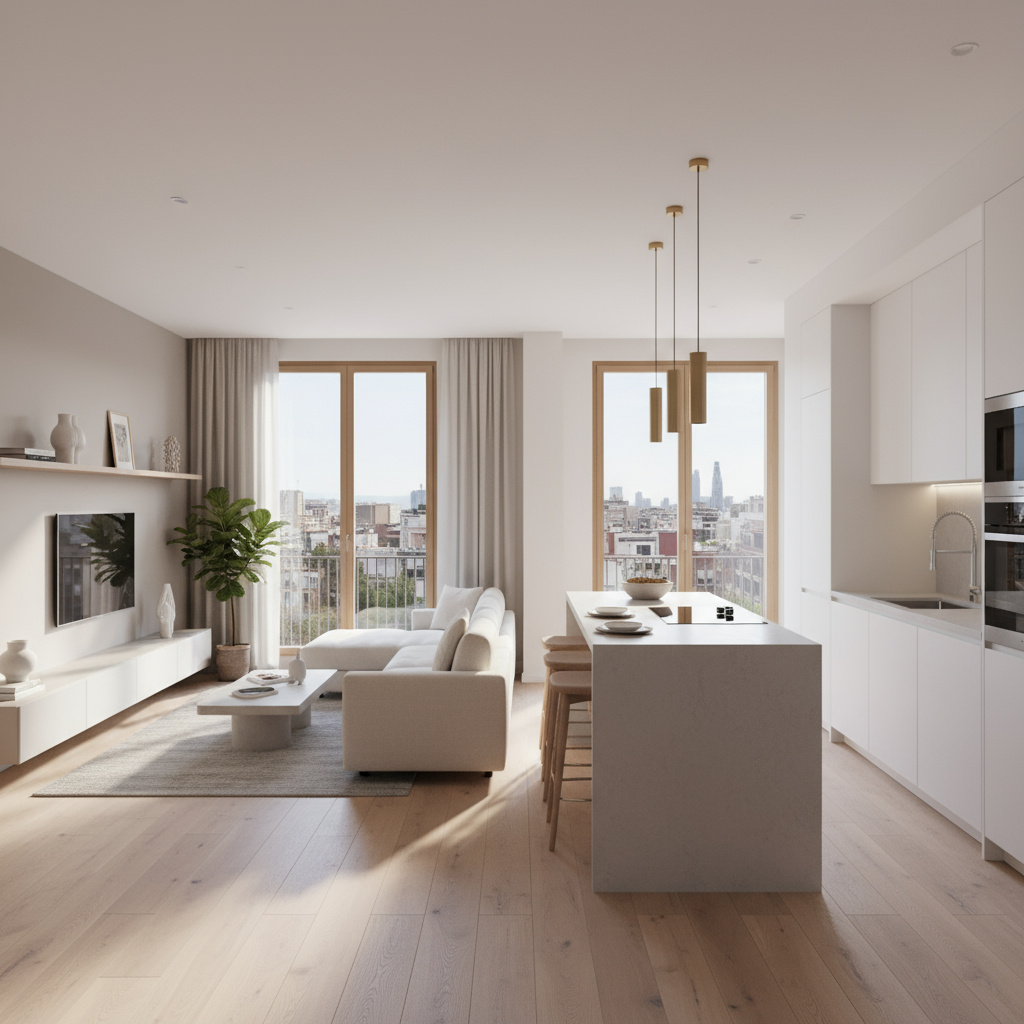 Apartamento reformado en Barcelona con salón y cocina integrados
