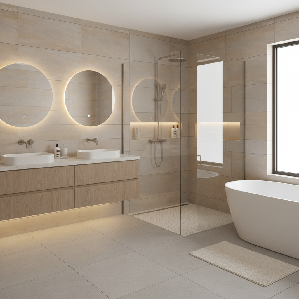 Baño reformado con revestimientos cerámicos y ducha a ras de suelo
