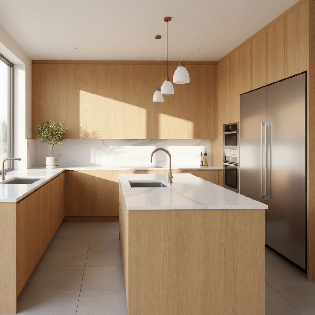 Cocina reformada con distribución optimizada y acabados cálidos