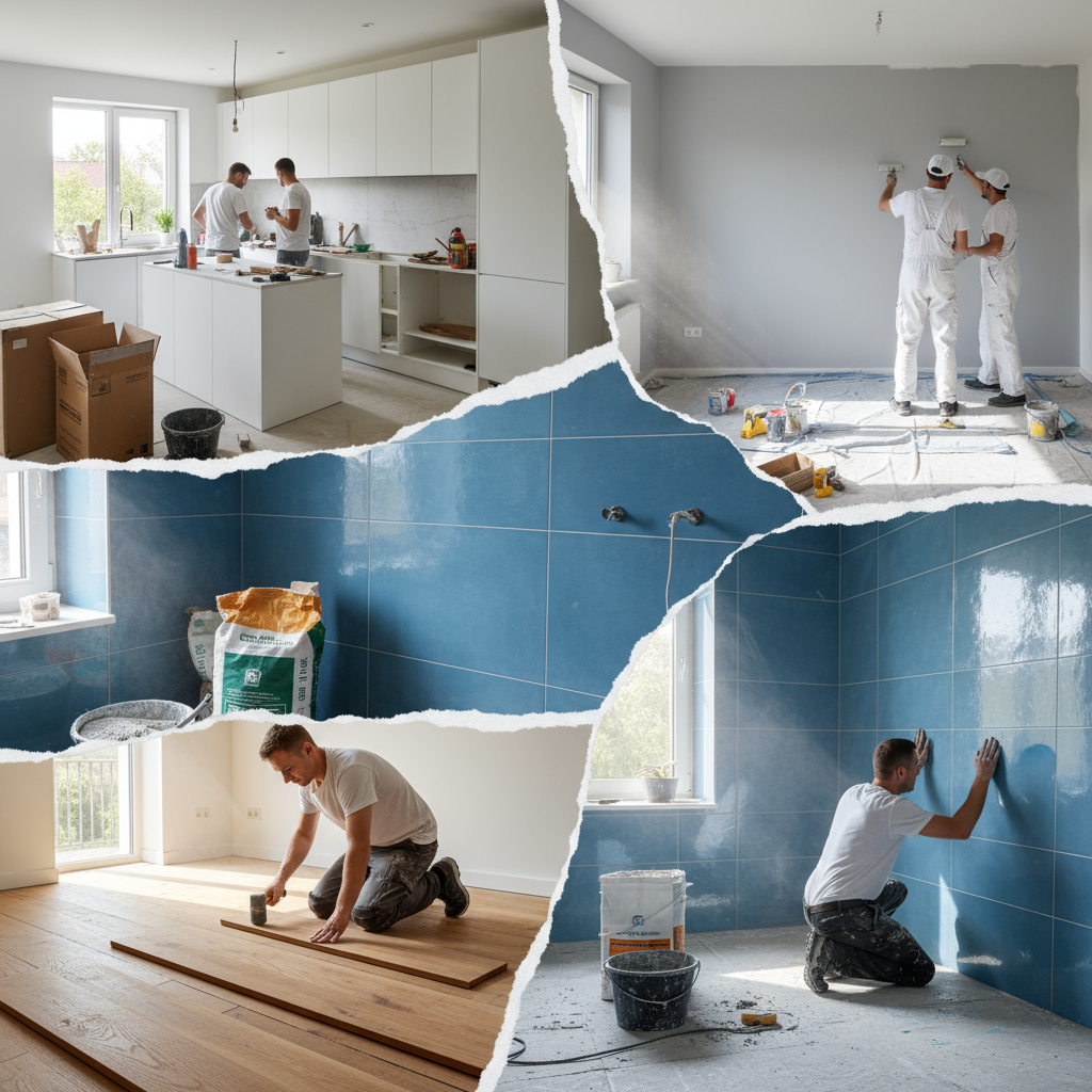 Equipo de reformas trabajando en cocina, baño y suelos